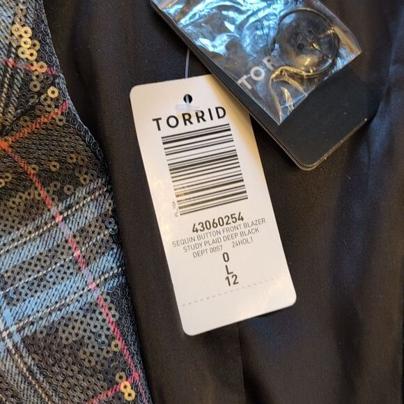NWT Torrid Sequin Button Front Blazer Plaid blue black satin interior size L - Picture 4 of 14